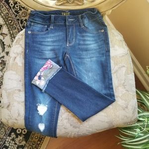 Ripped jeans with sequins & flowers on the bottom